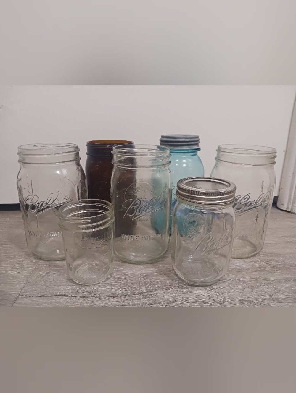 7 VTG Ball Wide Mouth Glass Mason Jars - Blue, Amber, and Clear